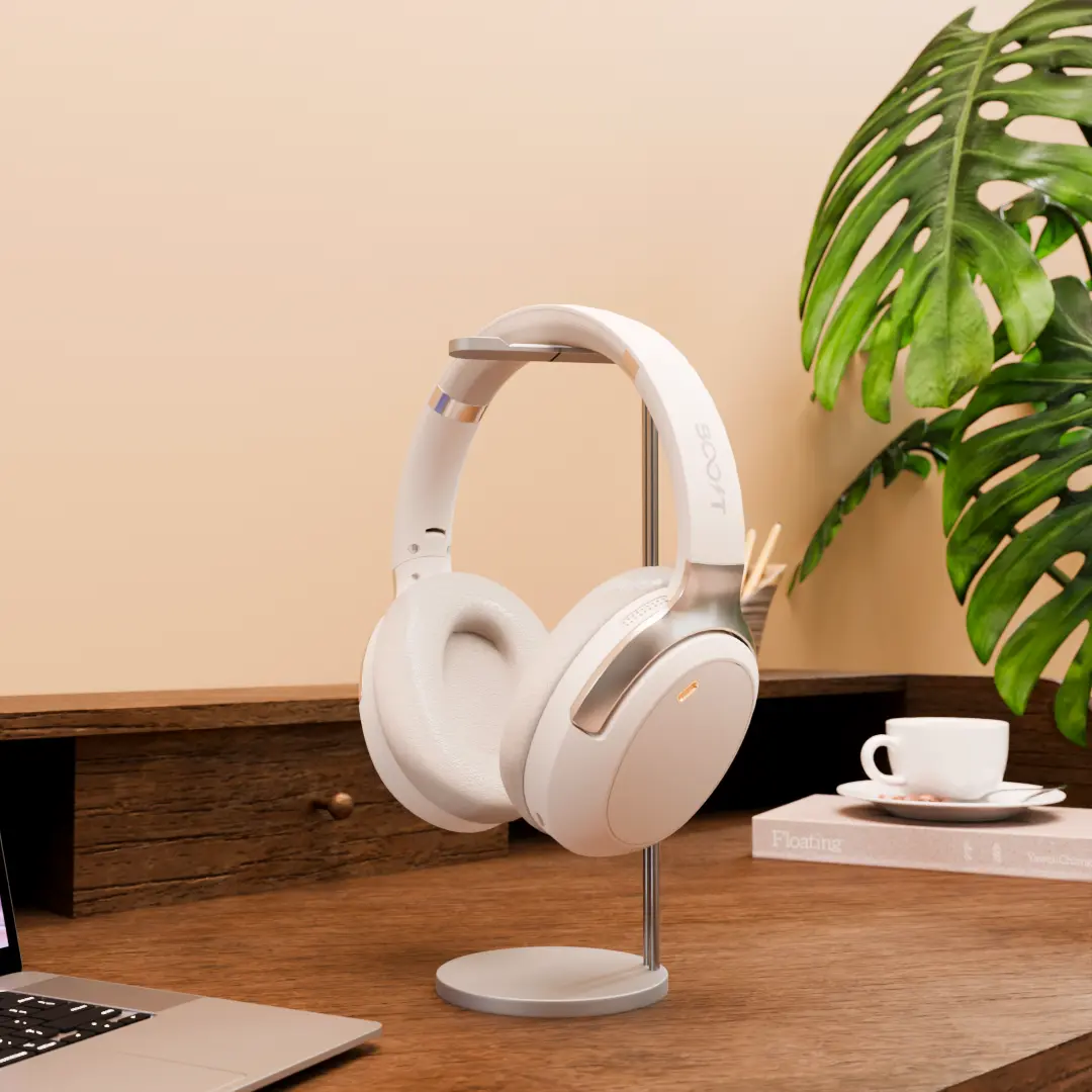 Side angle showing soft cushioned headband on Beige wireless headset