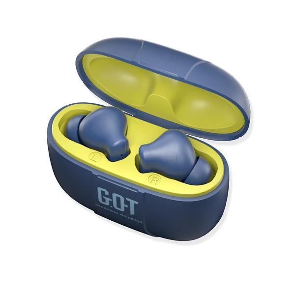 IPX4 water resistant GPOD VIBE Blue earbuds with charging case