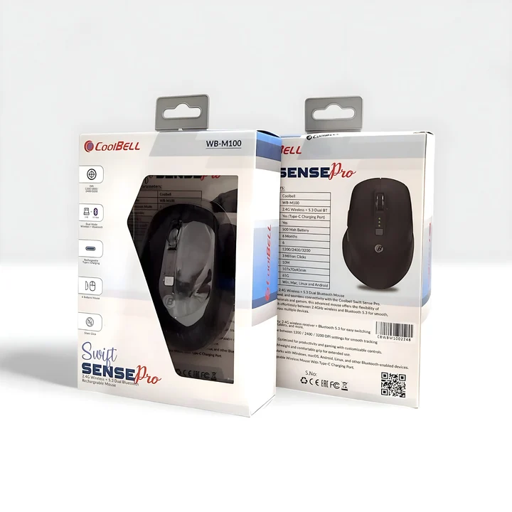 Side view of WB-M100 mouse showing ergonomic thumb rest and navigation side buttons