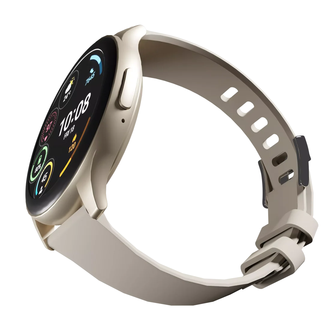 Side perspective of Boost Astro Classy Golden smartwatch showing IP67 casing