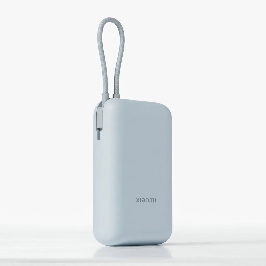 Side angle of Xiaomi Power Bank showing built-in USB-C cable loop and ports