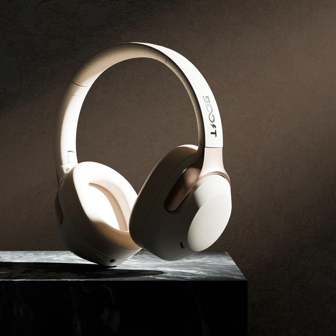 Boost Reverb ANC Headset | White connected via 3.5mm audio cable for wired mode