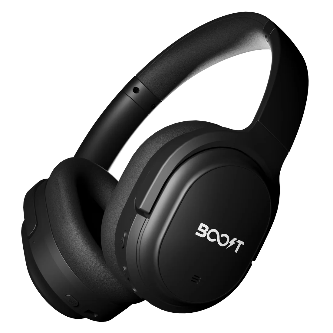 Close-up shot of soft memory foam ear cushions on Boost Wave Black over-ear headset