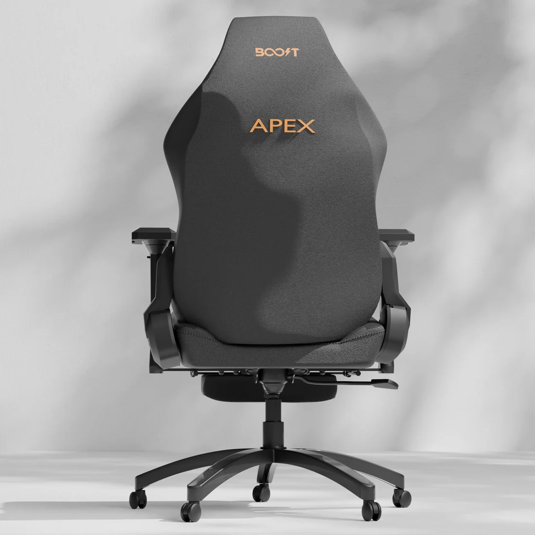 Front view of Boost Apex ergonomic chair featuring high-grade PU leather finish and lumbar cushion