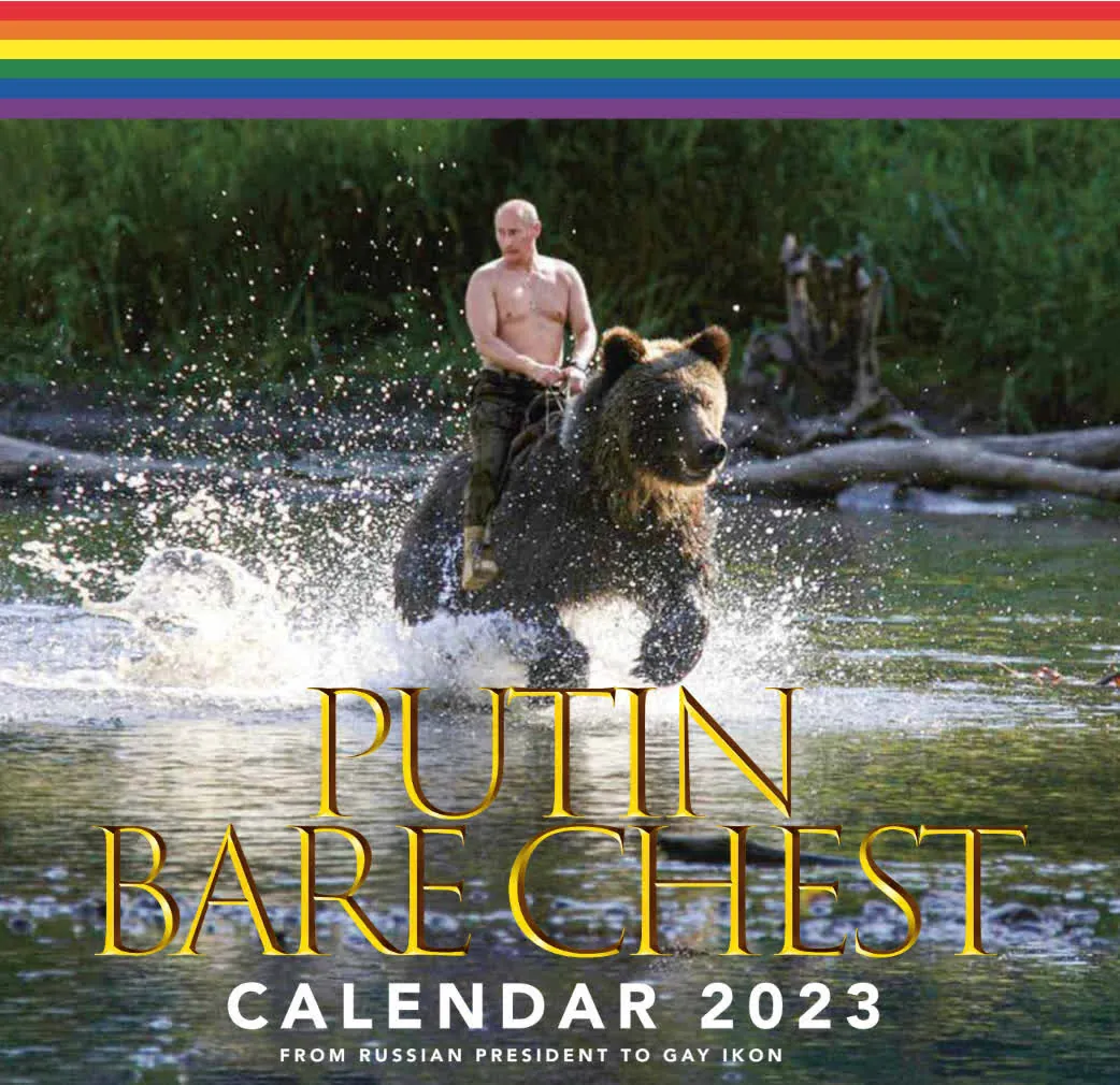 Couverture du calendrier de Riverboom avec Poutine sur un ours.