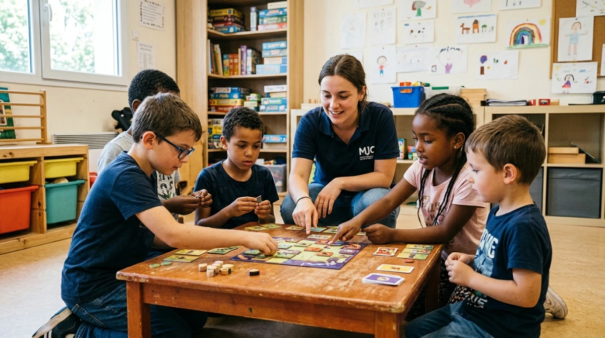Groupe de cinq enfants et une animatrice MJC jouant ensemble à un jeu de plateau coopératif dans une salle d'activités lumineuse, ambiance collaborative et concentrés