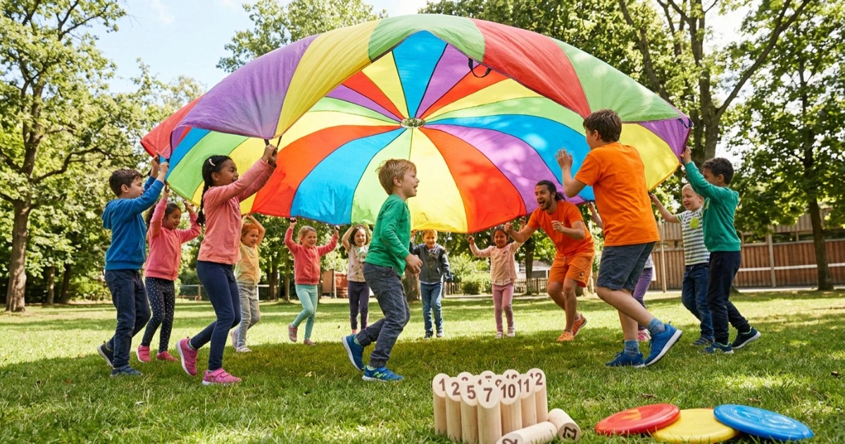 Groupe d'enfants jouant avec un parachute géant multicolore dans un parc, avec jeu de Mölkky et frisbees visibles au premier plan sur l'herbe