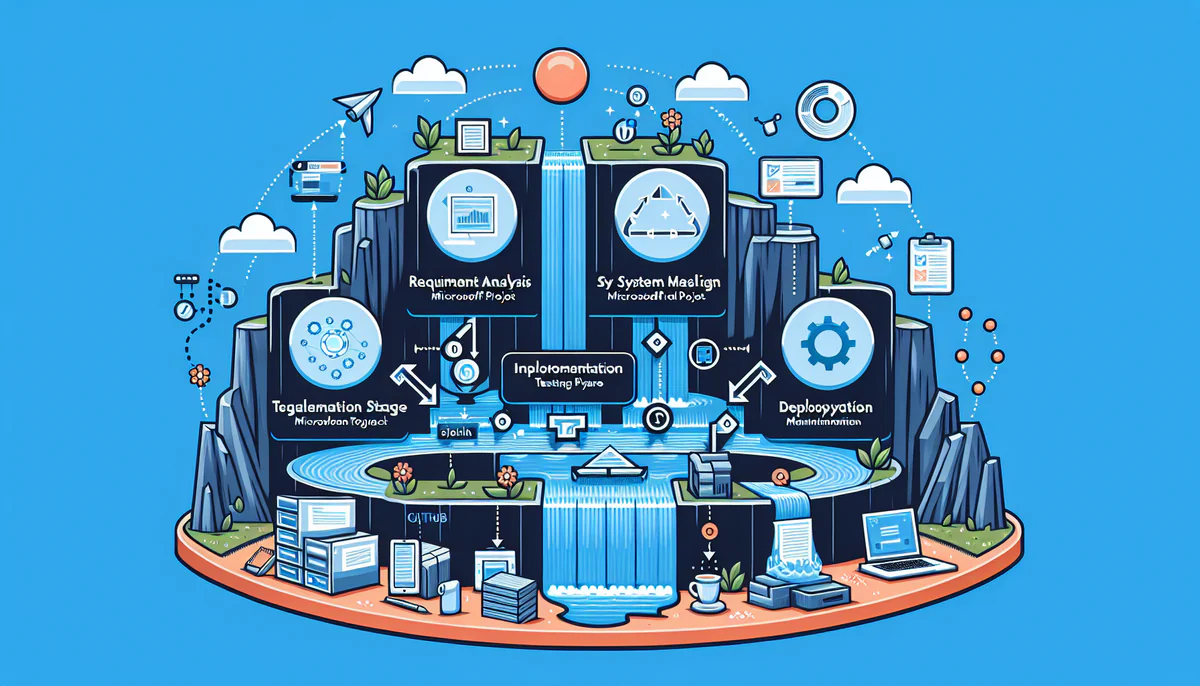 Image illustrating Die sechs Phasen des Wasserfallmodells detailliert erklärt in article about wasserfallmodell projektmanagement