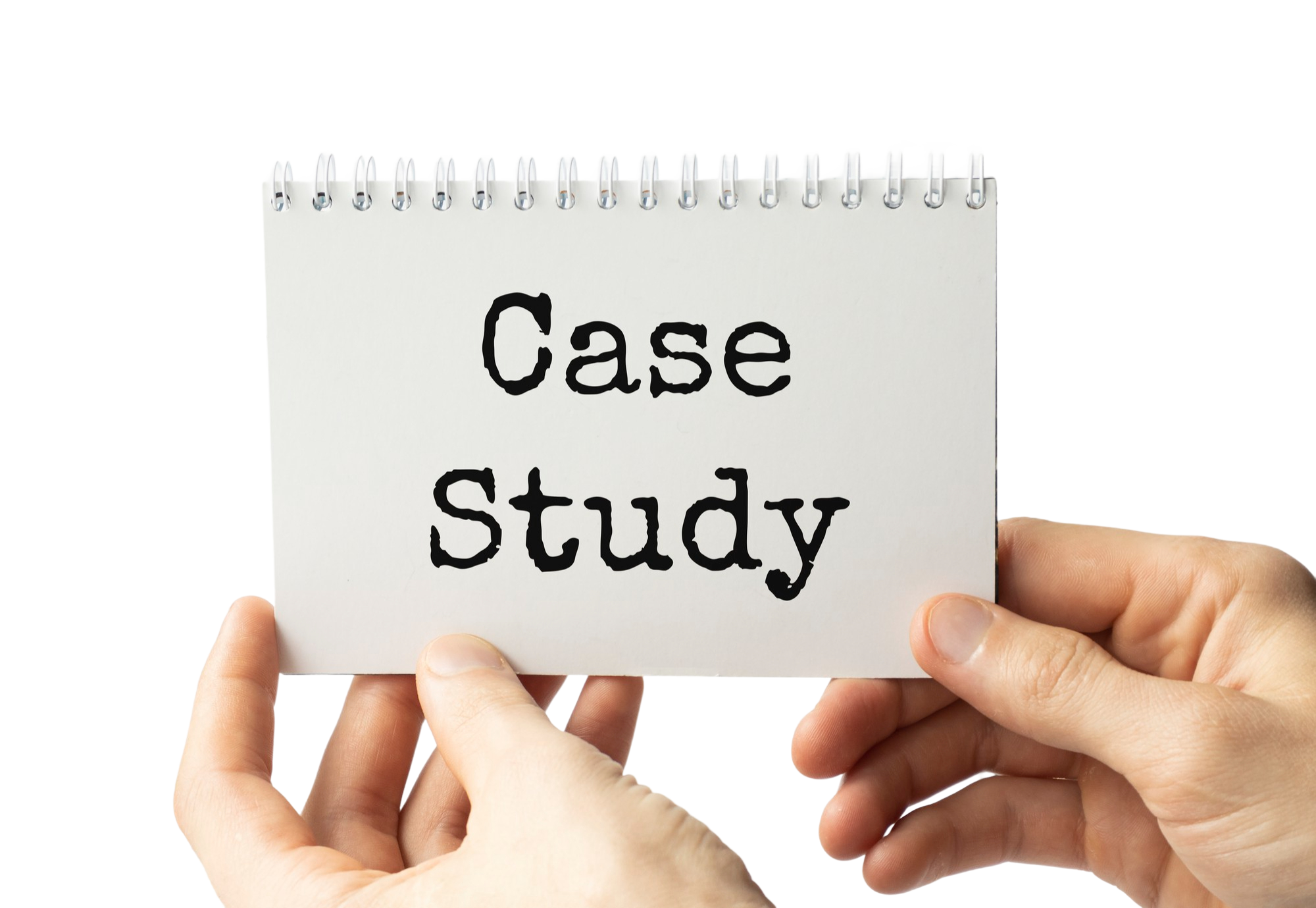 Hands holding a notebook labeled Case Study beside client results marketing copy