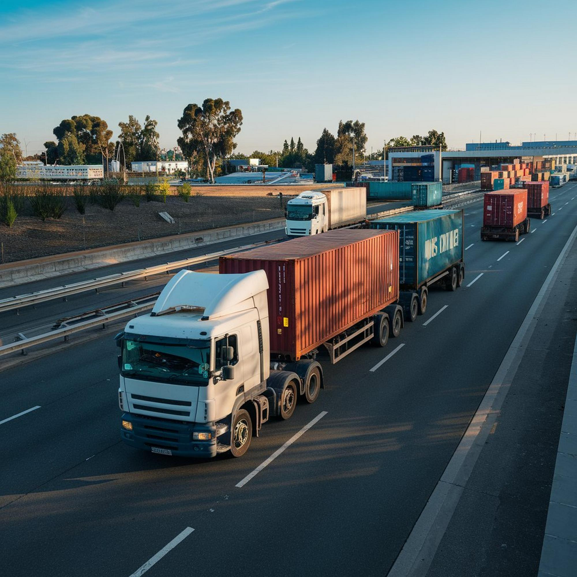 Semi trucks transporting shipping containers on a highway
