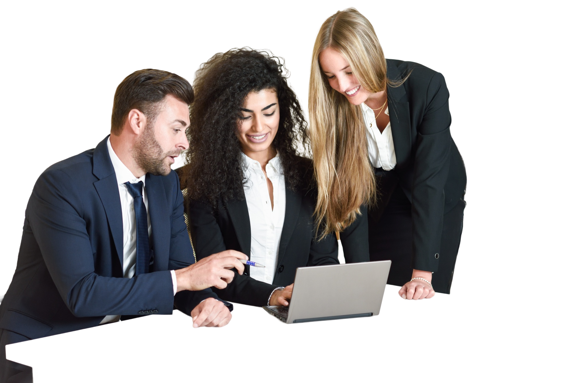 Three business professionals reviewing bank reconciliation work on a laptop