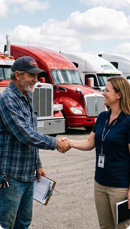 Truck operators standing in front of a blue semi truck