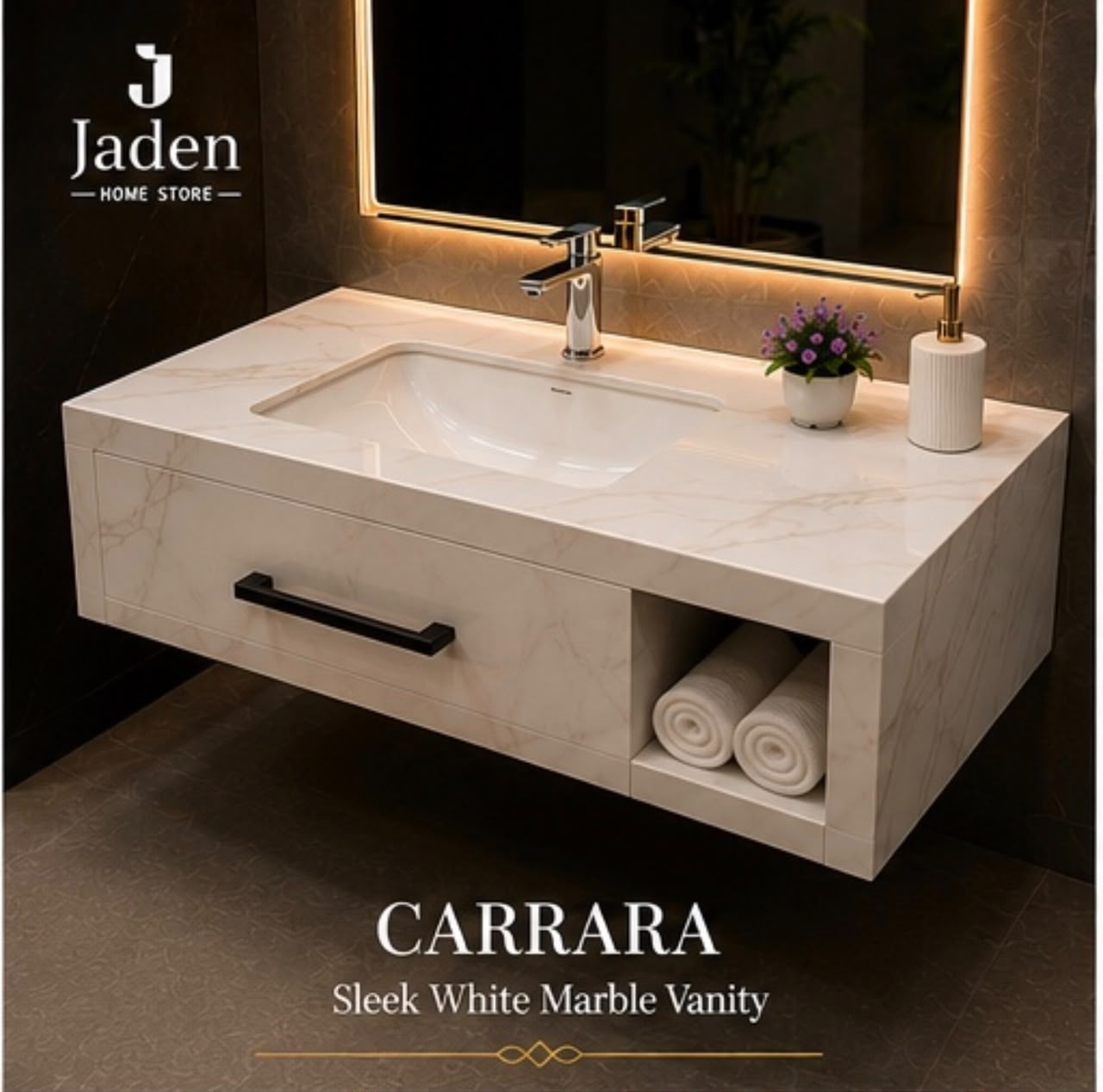 Carrara Sleek White Marble Vanity view 2