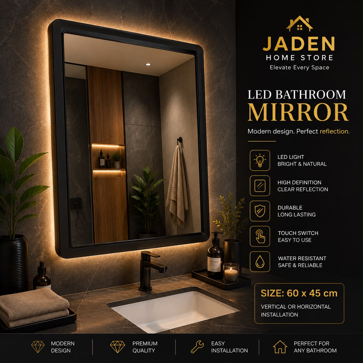LED Bathroom Mirror (Backlit Frame) 60 x45 cmm view 2