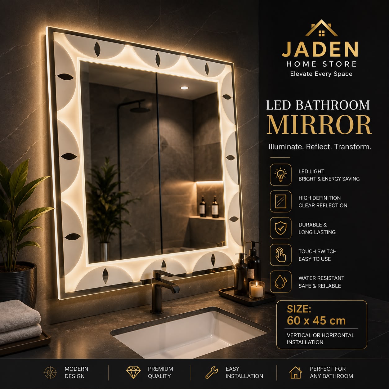 LED Bathroom Mirror (Decorative Frame) 60 x 45 cm view 2