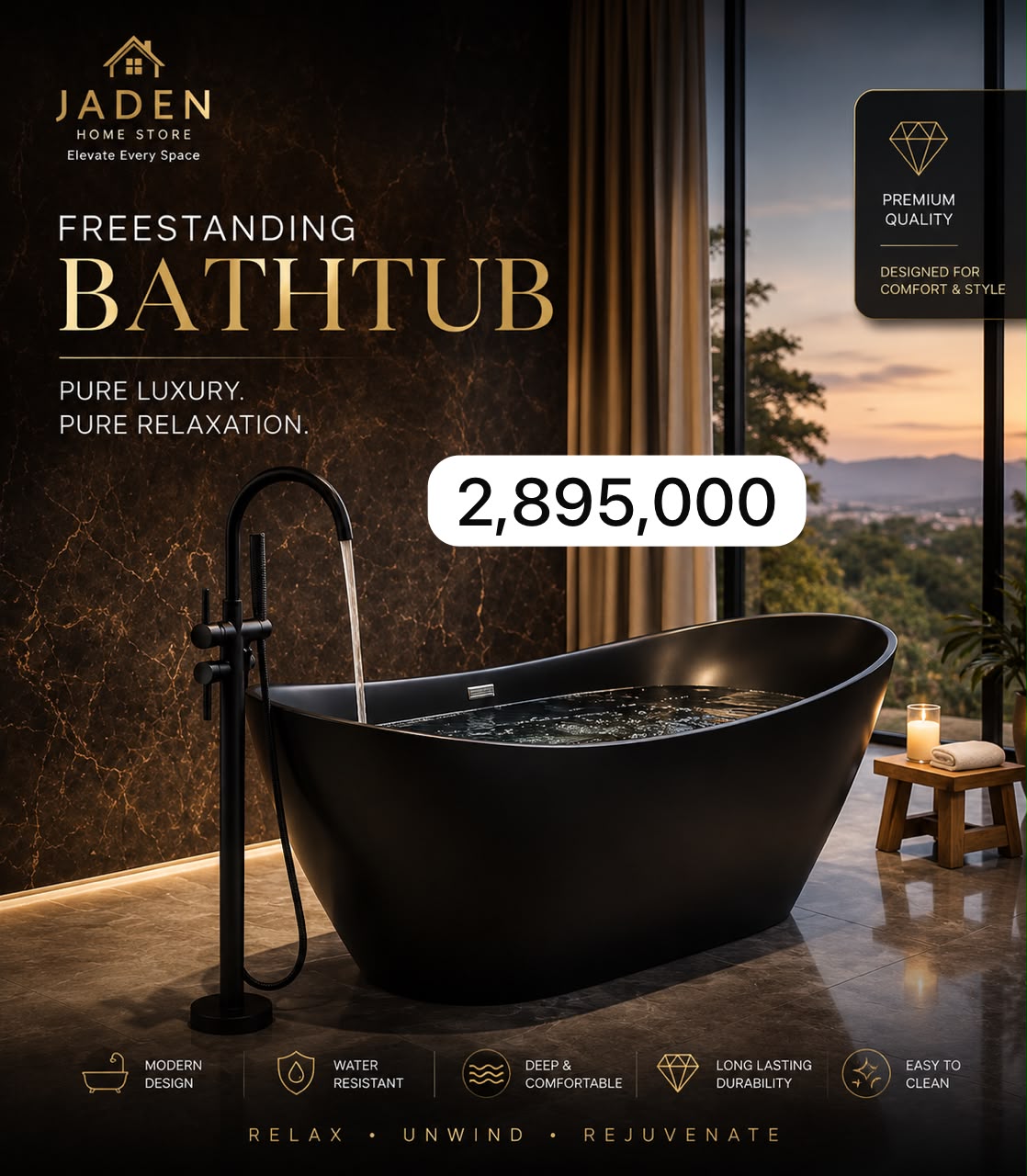 Black Freestanding Bathtub view 2