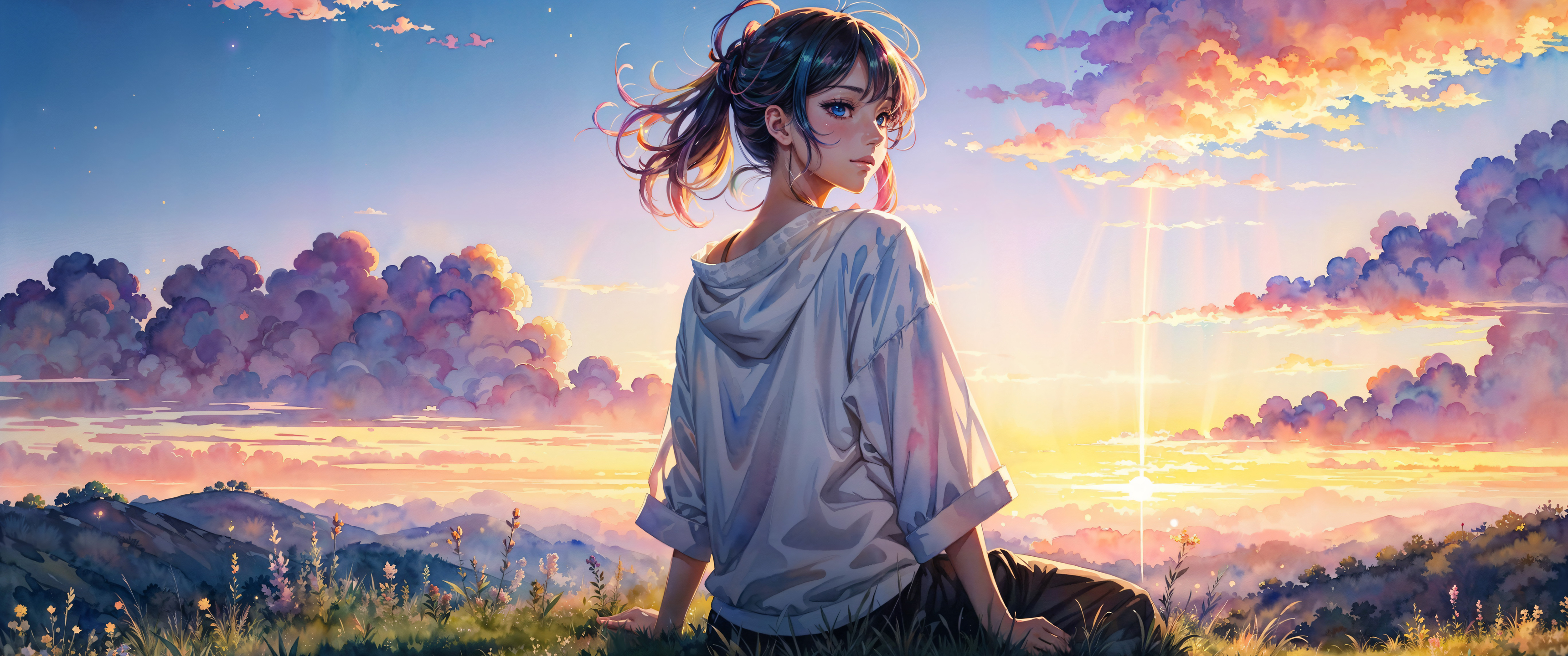 坐在草地上的动漫女孩 天空 风景 3440_1440带鱼屏壁纸_彼岸图网.jpg