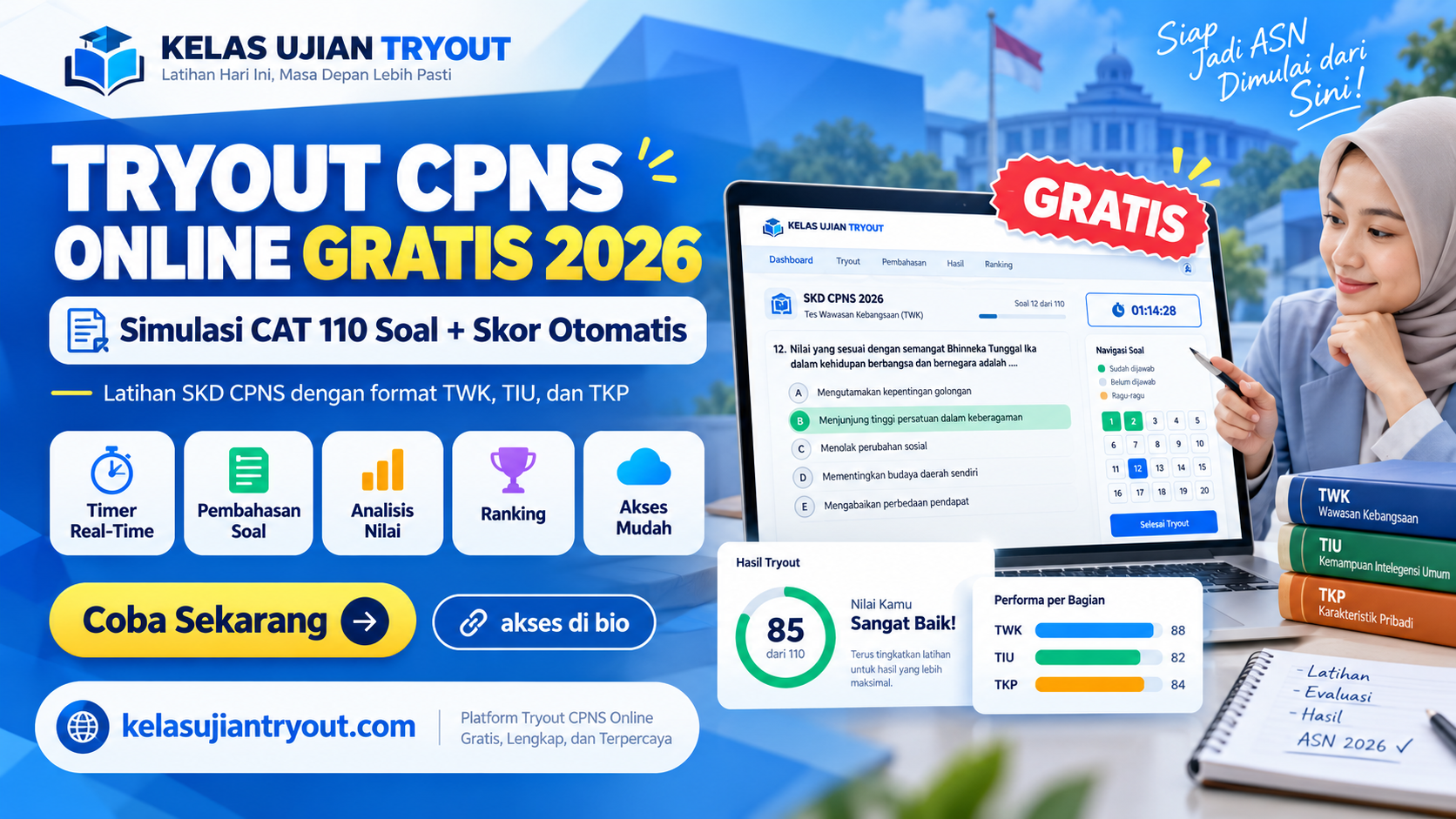 Tryout CPNS Online Gratis 2026 – Simulasi CAT 110 Soal + Skor Otomatis