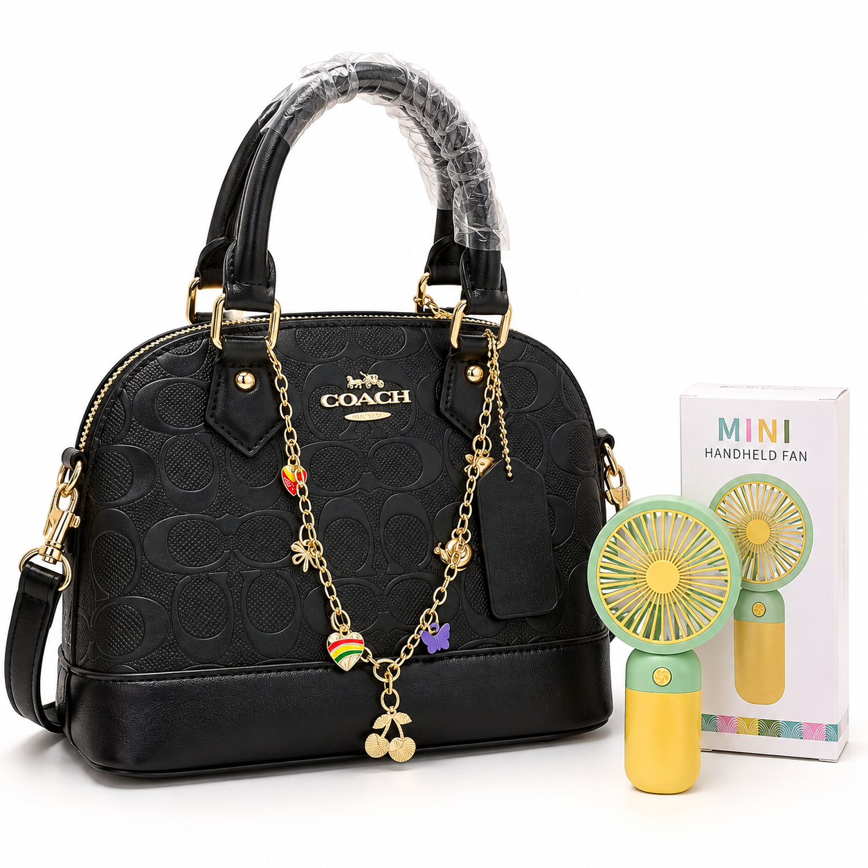 Coach Black Handbag + Mini Fan