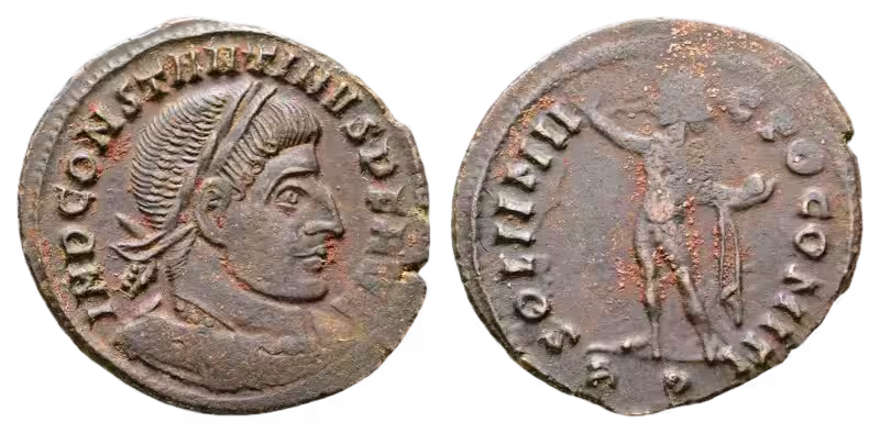 Constantin I. der Große, Bronze-Follis (Nummus), Ticinum, SOLI INVICTO COMITI (316 n. Chr.)