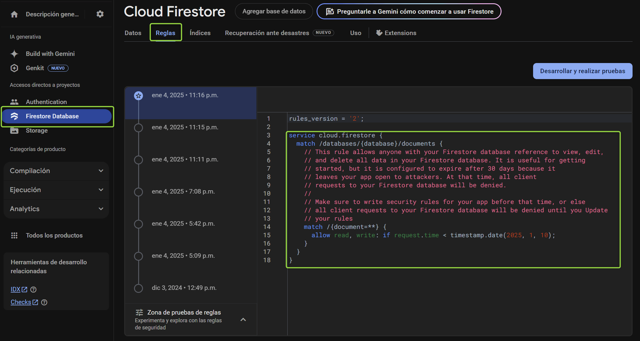 Firestore Rules Tab