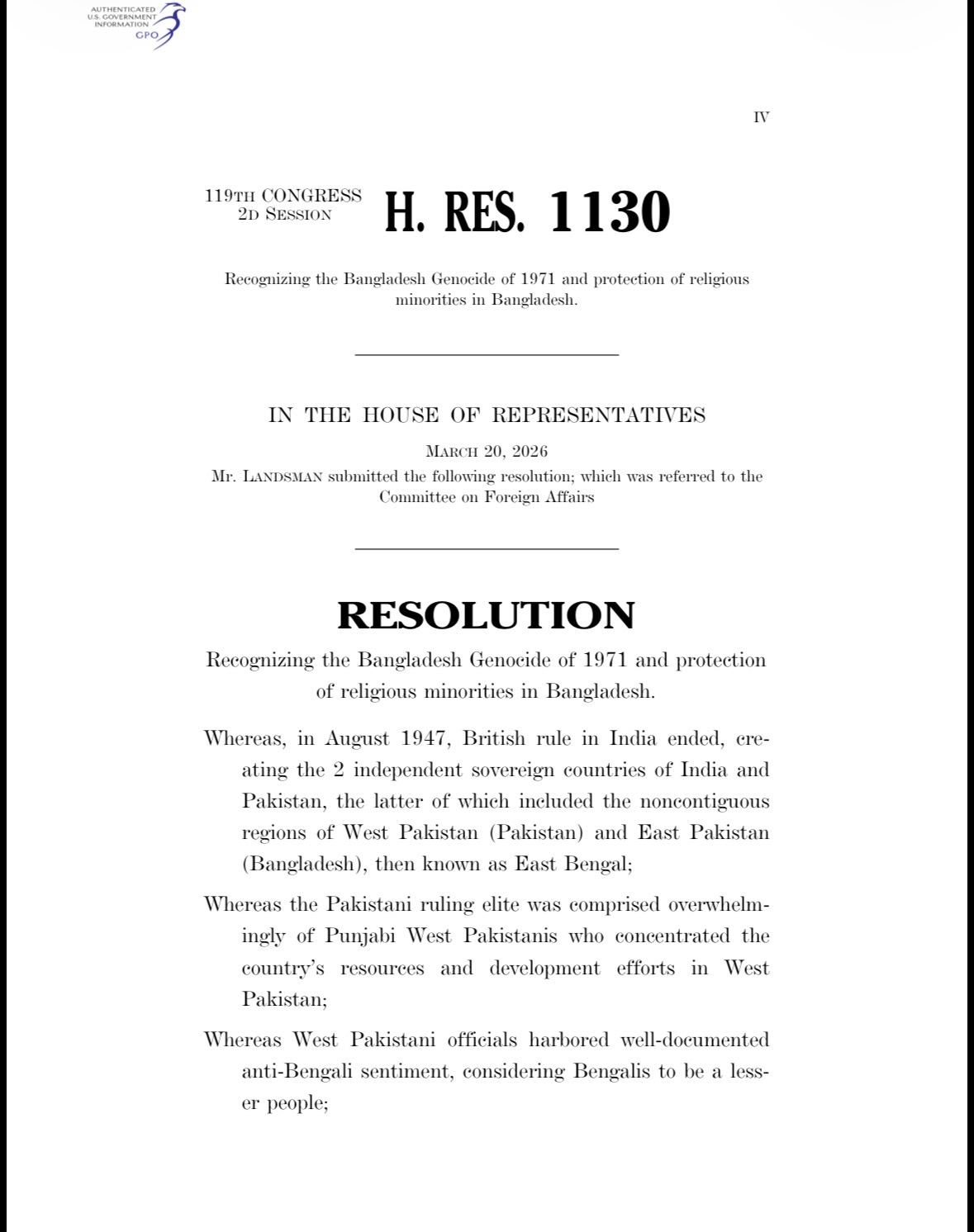 RESOLUTION - Recognizing the Bangladesh Genocide of 1971 and protection of religious minorities in Bangladesh