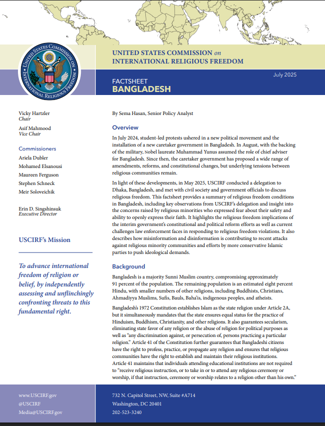 United States Commission on International Religious Freedom (USCIRF) - Bangladesh Factsheet 2025